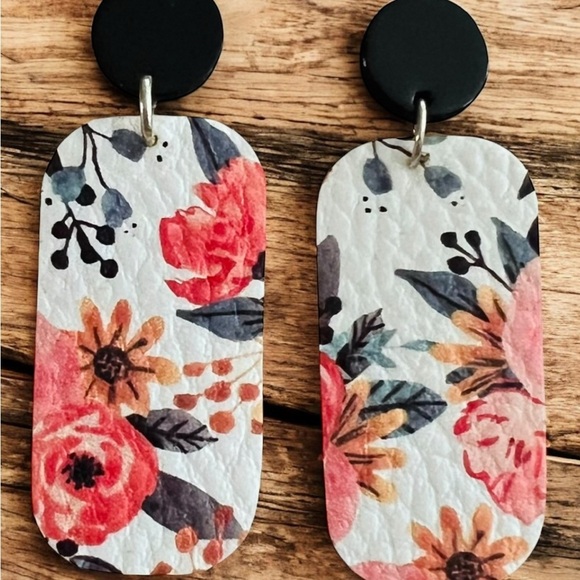 Handmade Jewelry - Floral Patterned Earrings with Black Stud Piece 1.5”